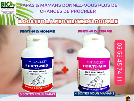 Ferti-Mix, fertilité féminine et Masculine, absence de glaire cervicale, menstrues coupées,kyste myomes, fibrome, dystrophie....